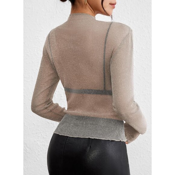Women's Mesh Sheer Top Small Party Clubwear Glitter Long Sleeve Shirts - Picture 3 of 5